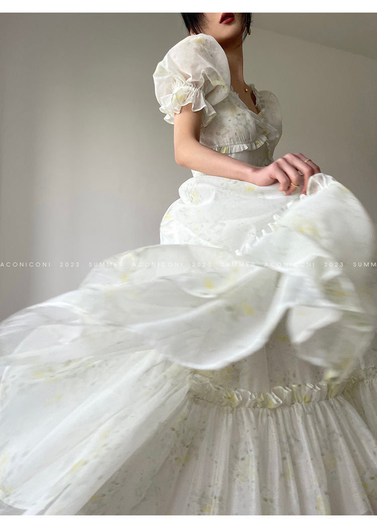 Aconiconi Luxury Off White floral print Puff Sleeve French cottaage bridal Dress- Yurui Chuning