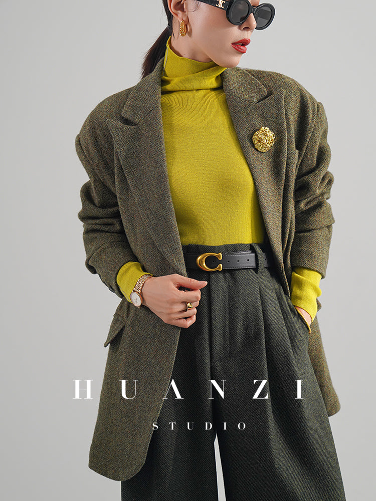 Huanzi high-end retro autumn and winter 100% wool waist suit jacket - Cassie