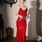 DOLLY Elegant Red French Sleeveless Sequin Backless Long Cocktail Dress-Quin