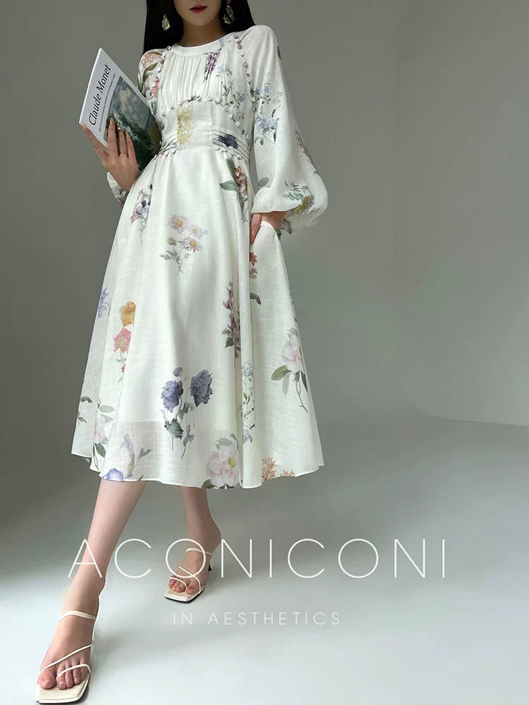 Aconiconi French Floral Print Puff Sleeve Wedding Guest Dress- Lily of the Valley Whisper