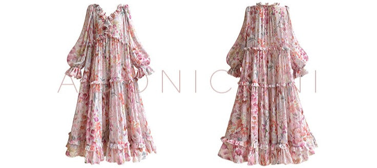 Aconiconi Elegant Floral french Print V-Neck Long Puff Sleeve Loose Waist vacation Dress - Flowery Love