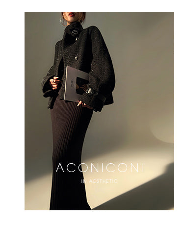 Black night wool two-piece coat jacket skirt - Utopia moonlit