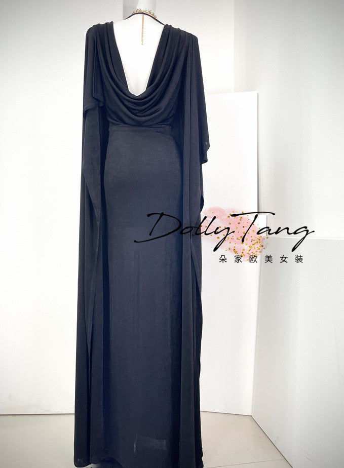 DOLLY Elegant Black Swing Collar Sleeveless Open Back Drape Dress-Kaka (V)