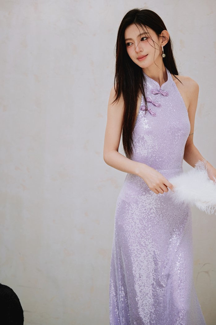 DOLLY Purple Chinese Style Hater Neck Button Sequin Long Wedding Guest Dress-Mama