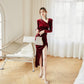 DOLLY Elegant Burgundy V-Neck Long Sleeve Velvet Long Slit Formal Dinner Dress-HAZEL