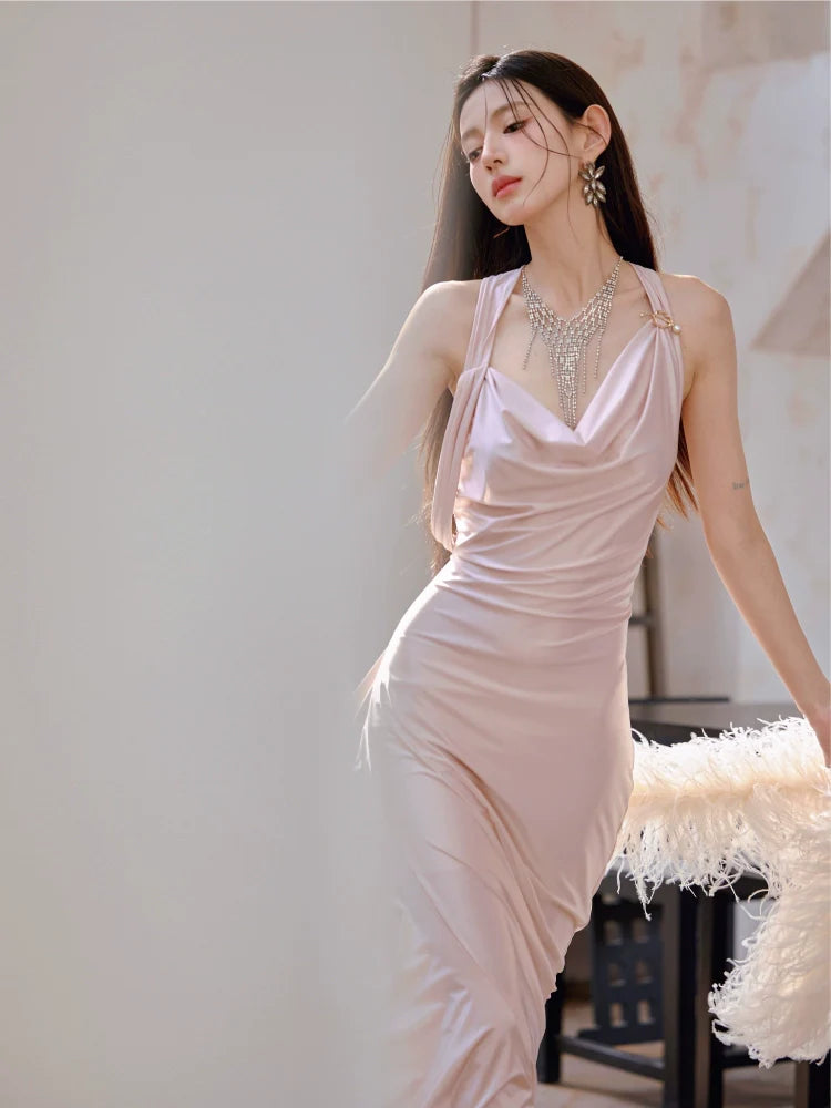 DOLLY Luxury Rose Stain Sleeveless Backless Pleated Long Banquet Dress-Fago