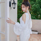 DOLLY Elegant White Retro Style Crew Neck Bubble Sleeves Long Slit Dress-RAIN