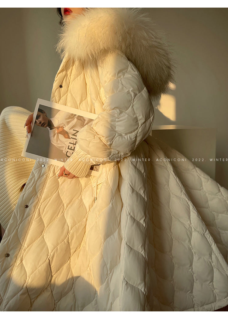 Aconiconi Elegant Duck Down Long Sleeve Hooded Long Fur Winter Coat -  He Xu Ling Hua