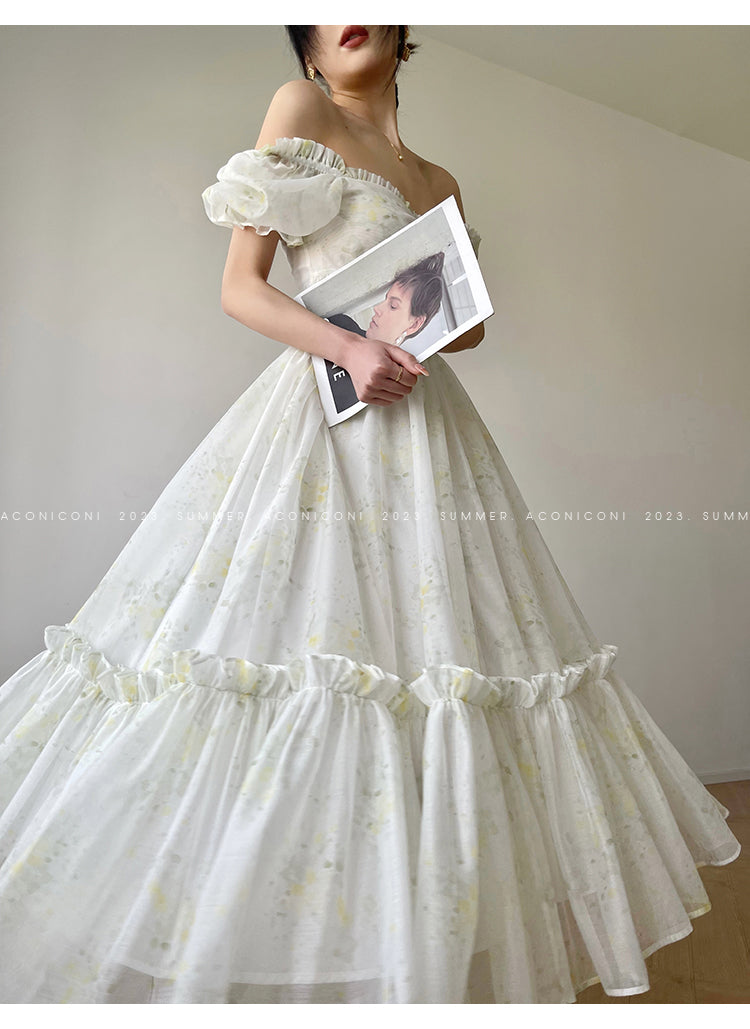 Aconiconi Luxury Off White floral print Puff Sleeve French cottaage bridal Dress- Yurui Chuning