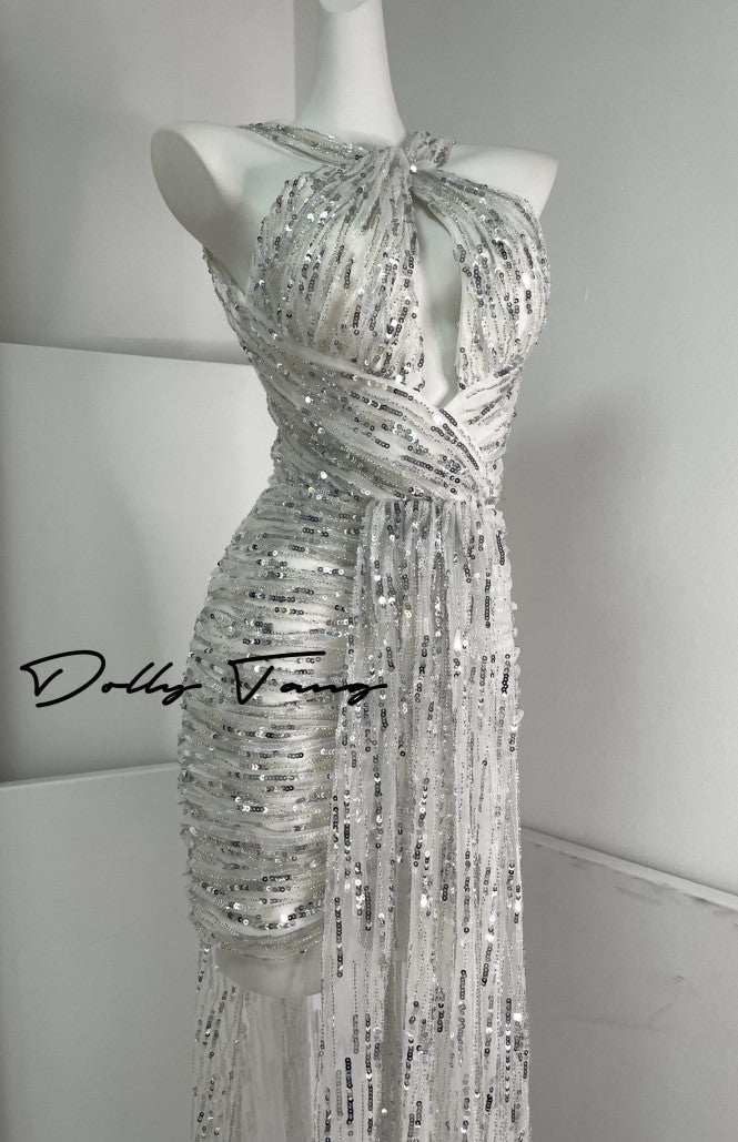 DOLLY High End White silver Glitter Deep V-Neck High Waist Long Party Dress-Xen