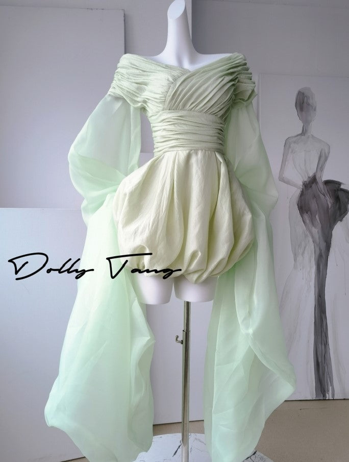 DOLLY High End Green ombre Off Shoulder Puff Sleeves Pleated Tutu Dress- Tulip