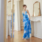 DOLLY Elegant Blue Sleeveless Printed Halter Neck Chiffon Long Resort Dress-HARRIET