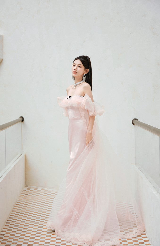 DOLLY Elegant Pastel pink Ruffle Sleeves Long Party Dress- Mina