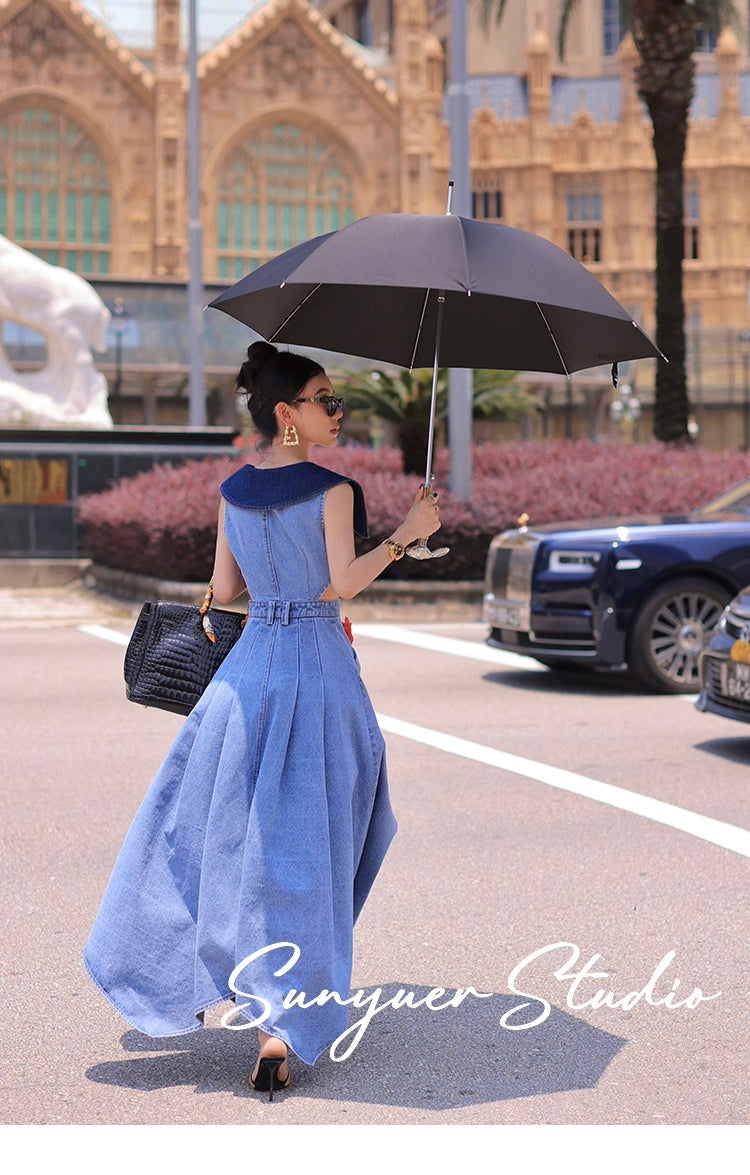 Elegant denim large lapel collar, cut-out waist summer slit long jean denim dress