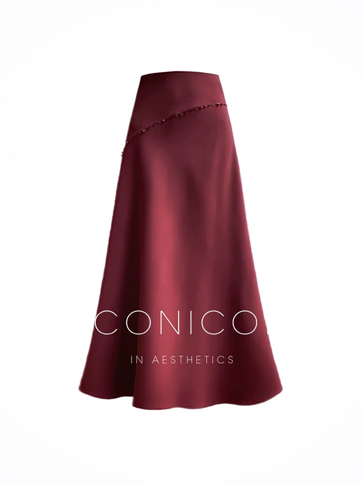 Aconiconi Elegant Wine Red Retro High Waist Long Maxi Skirt- Freud's love poems