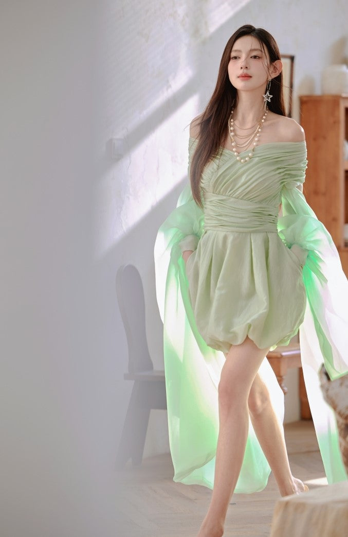 DOLLY High End Green ombre Off Shoulder Puff Sleeves Pleated Tutu Dress- Tulip