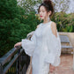 DOLLY Elegant White Retro Style Crew Neck Bubble Sleeves Long Slit Dress-RAIN