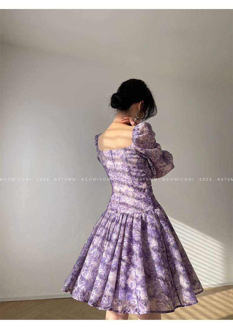 Aconiconi Square Collar Long Sleeve Tea Dress- Amethyst Water