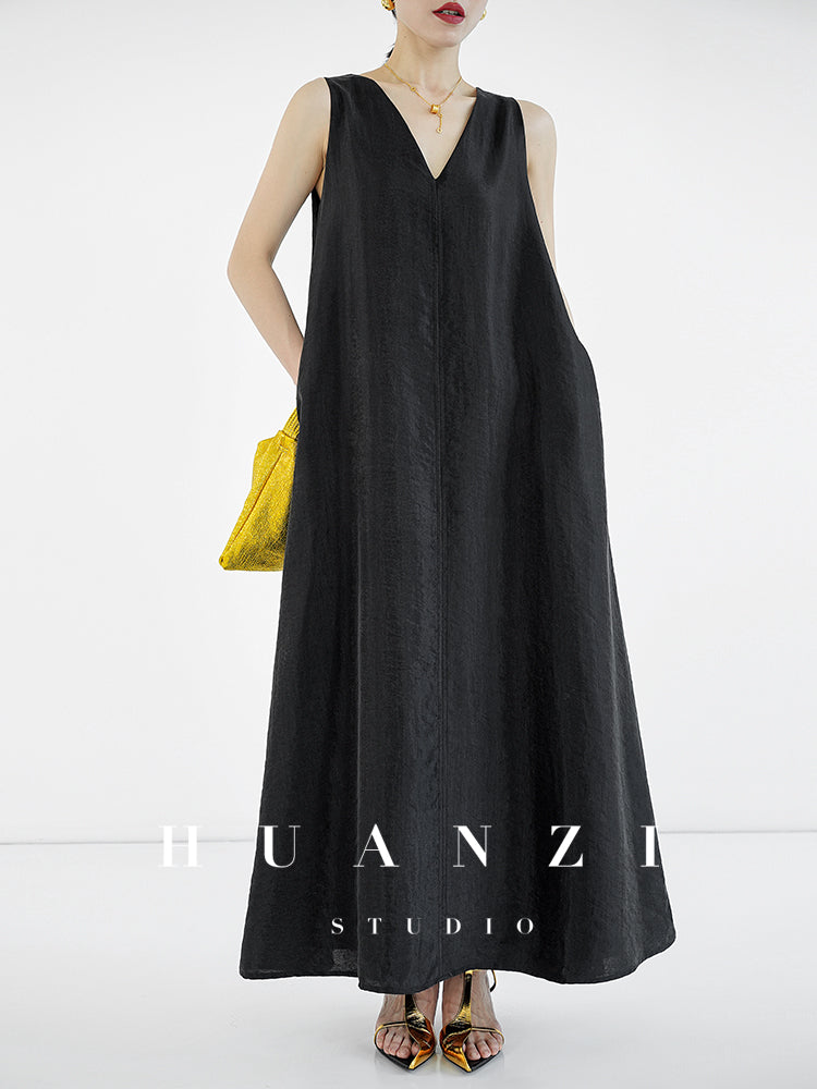 Huanzi custom high-end long sleeveless V-neck dress summer - Miel