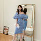 DOLLY Elegant Blue V-Neck Off Shoulder Short Sleeve Belted High Waist Dress-MERCY