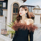 DOLLY High End Black Off Shoulder Long Sleeve Brown Feather Tube Top Dress-ADINA