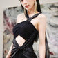 DOLLY Luxury Black Cross Design Halter Neck Sequin Glimmer Dress-JUNIE