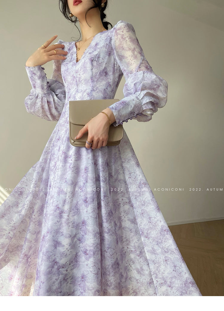 Aconiconi Elegant V-Neck Long Sleeve High Waist Swing tea  Dress- Cloud soaked Wisteria