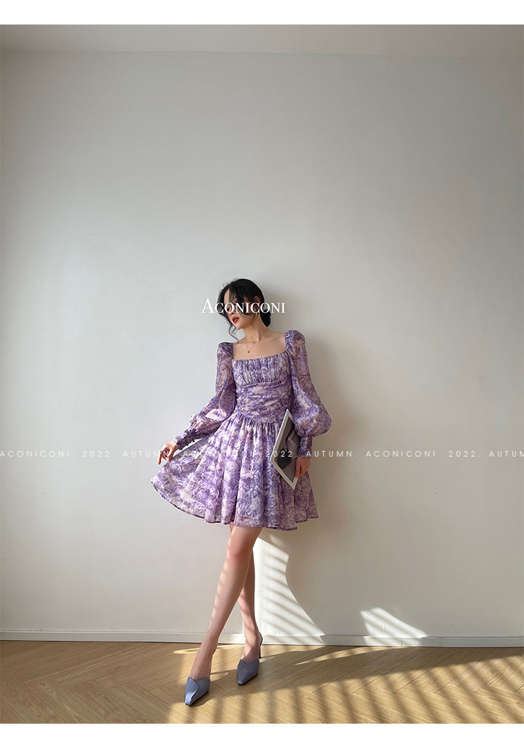 Aconiconi Square Collar Long Sleeve Tea Dress- Amethyst Water