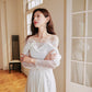 DOLLY Elegant White French Style Lace Satin Long Sleeve Wedding Dress-MEGARA