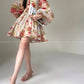 Aconiconi Elegant French Floral Print V-Neck Lantern Sleeve short Dress- Hanano Hatsugaki