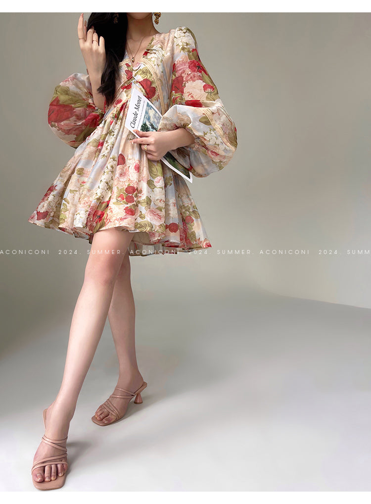 Aconiconi Elegant French Floral Print V-Neck Lantern Sleeve short Dress- Hanano Hatsugaki