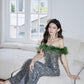 DOLLY Luxury Sliver Retro Style Green Feather Tube Top Long Glitter Party Dress-THEKLA