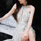 DOLLY High End White silver Glitter Deep V-Neck High Waist Long Party Dress-Xen