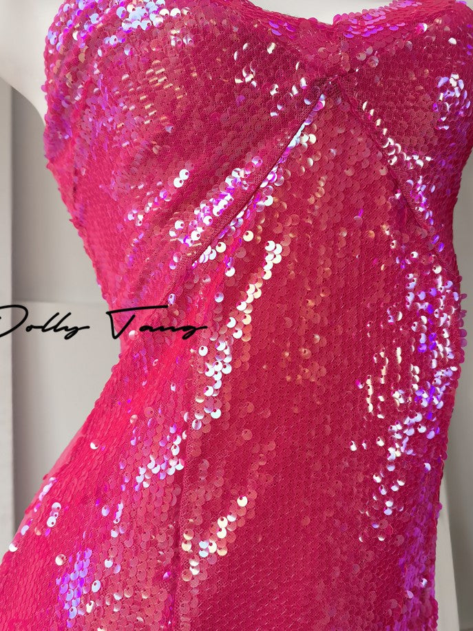 DOLLY Elegant Pink Barbie V-Neck Sleeveless Sequin Long Party Dress-JOY