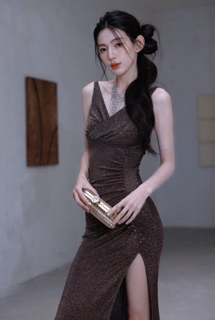 DOLLY Luxury Coffee Brown Sequin Sleeveless Long Slit Banquet Dress-Rola