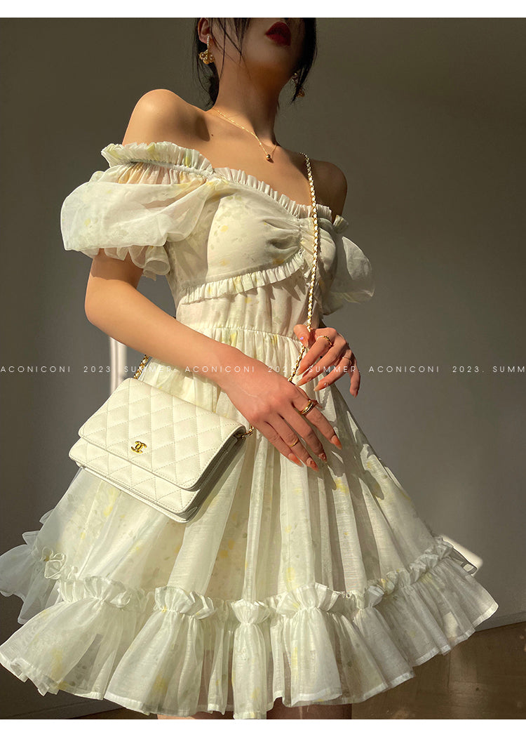 Aconiconi Luxury Off White floral print Puff Sleeve French cottaage bridal Dress- Yurui Chuning