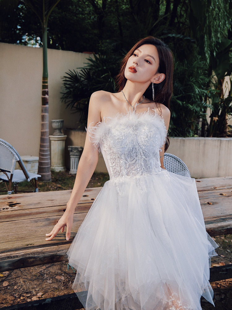 DOLLY Elegant Sleeveless Feather Tube Top Embroidery Long Tutu wedding Dress-KYLIE