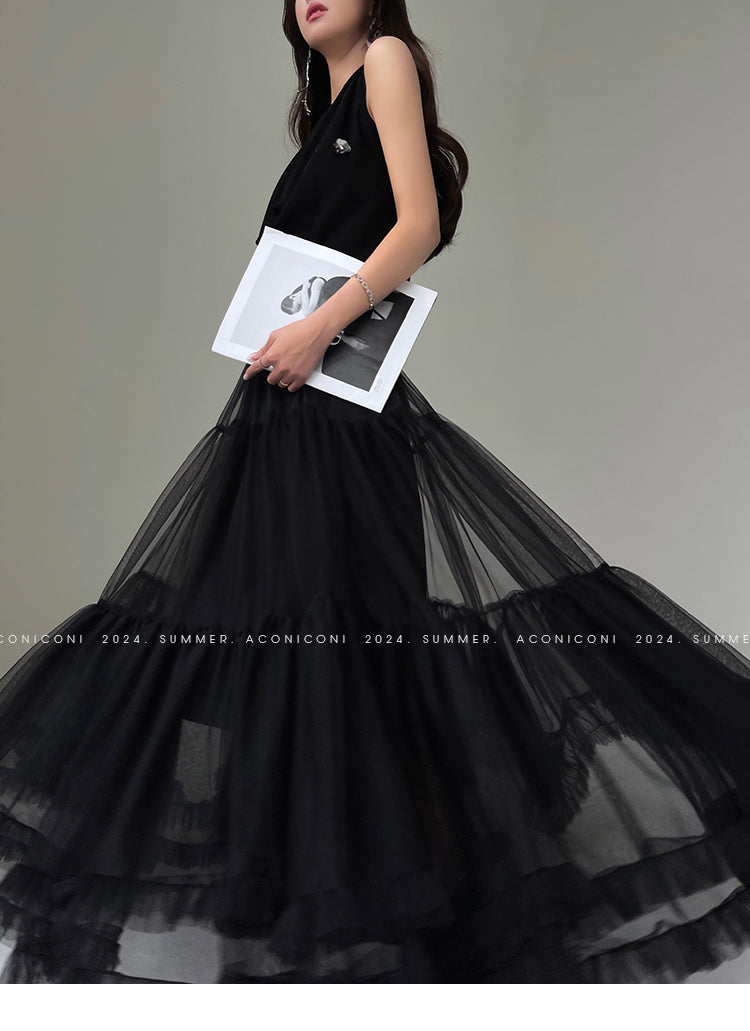 Aconiconi Elegant High Waist Ruffle Mesh Princess Long midi layered Skirt- Quiet Shadow Quicksand