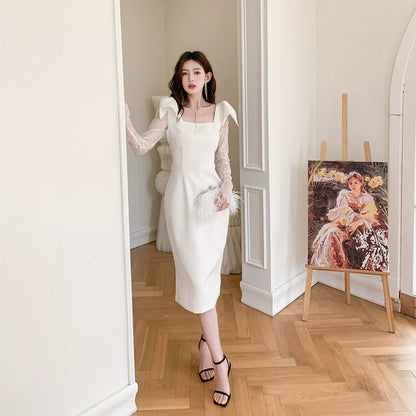 DOLLY Elegant White Square Collar Lace Long Sleeve Midi Banquet Dress-MALOY