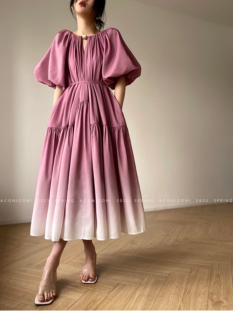 Aconiconi Elegant Grape Gradient V-Neck Puff Sleeve Loose Long Dress- Grape Cotton Cloud