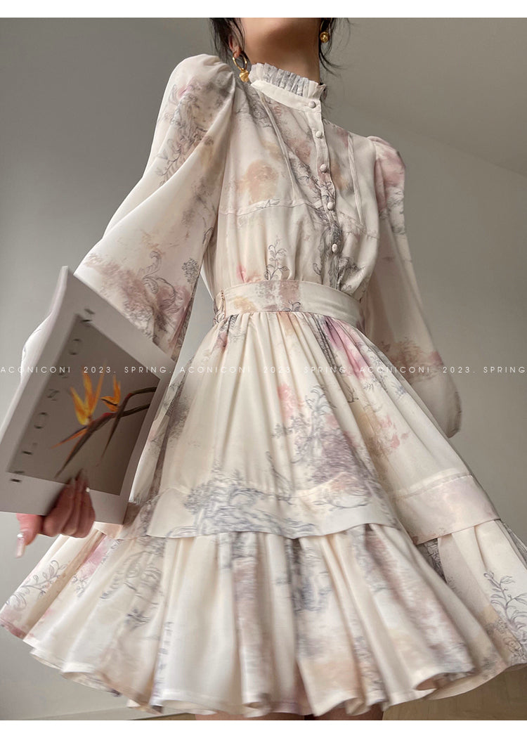 Aconiconi Elegant Stand Collar Long Sleeve Flower Print Tutu Dinner Dress- Konos Love Letter