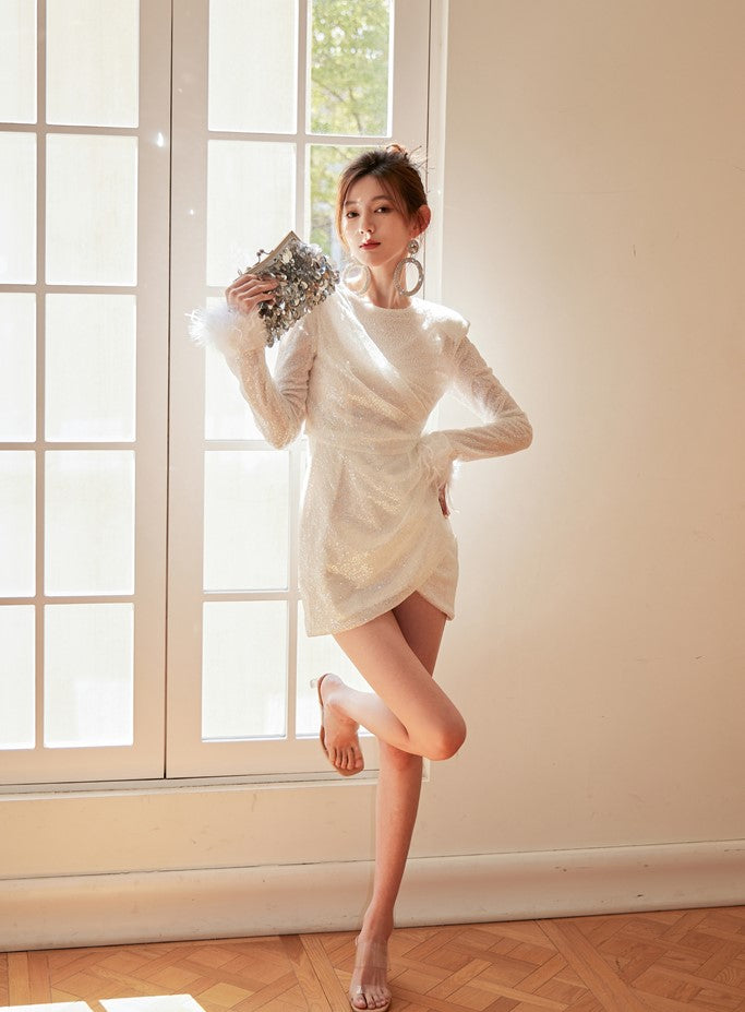 DOLLY Elegant White Crew Neck Long Sleeve Short Sequin Sexy Birthday Dress-LAYLA