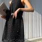 Aconiconi Elegant Black Retro High Waist Diamond Tassel Chic Skirt-  Shallow Light