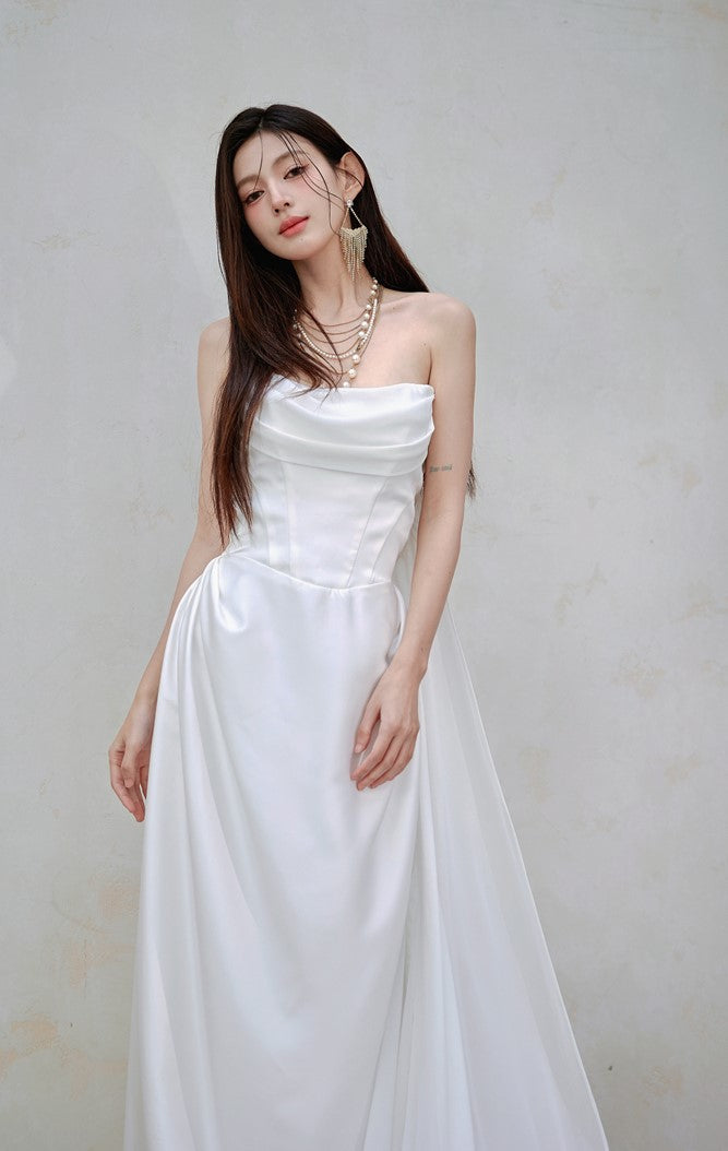 DOLLY Luxury White Bandeau Stain High Waist Long Wedding Dress-Lola