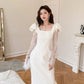 DOLLY Elegant White Square Collar Lace Long Sleeve Midi Banquet Dress-MALOY