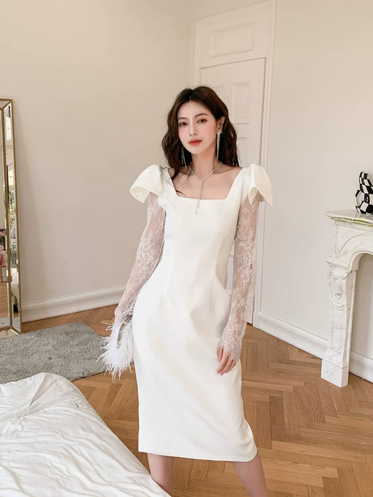 DOLLY Elegant White Square Collar Lace Long Sleeve Midi Banquet Dress-MALOY