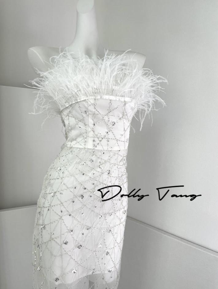 DOLLY Luxury White Fluffy Feather transparent Sequin Birthday bridal Dress-SONIA