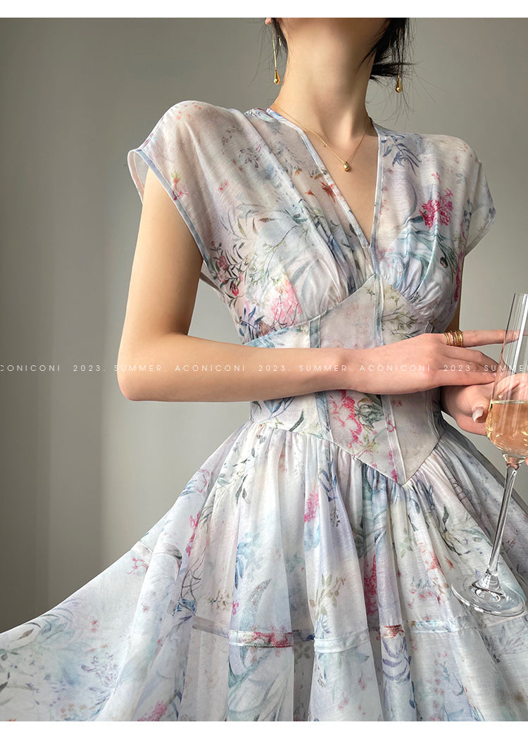 Aconiconi  high-end V-neck A-Line Vintage printed tea summer dress- Yufu fairy