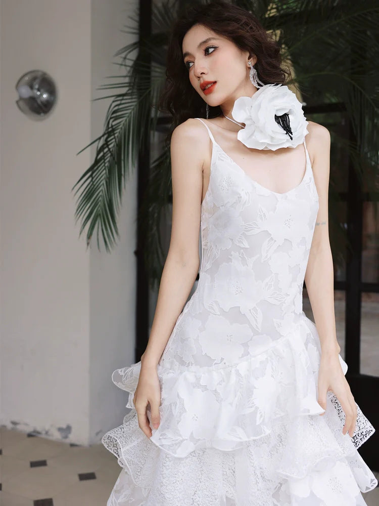DOLLY Elegant White Flower Embroidery Lace Ruffle Layered Dinner Dress-DAISY  (V)