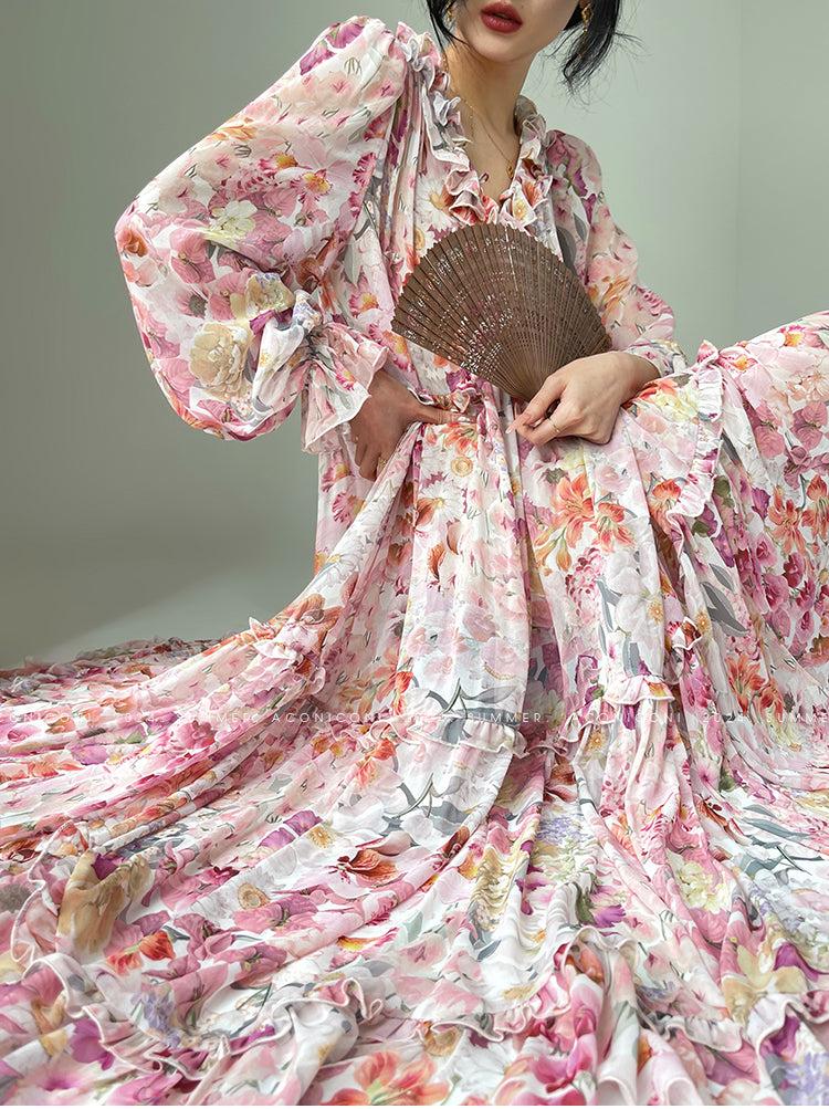 Aconiconi Elegant Floral french Print V-Neck Long Puff Sleeve Loose Waist vacation Dress - Flowery Love